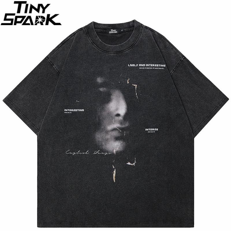 Hip Hop Streetwear Men TShirt Oversized Aesthetic Graphic T Shirt Retro Vintage Washed Black Tshirt Cotton Unisex Tops Tee