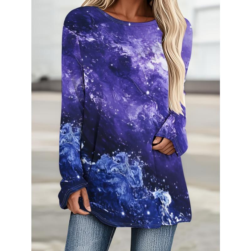 [Printed Design – Not Textured] Women’s Spring and Autumn Plus Size Clothing Fashion Starry Sky Tie Dye Gradient Print