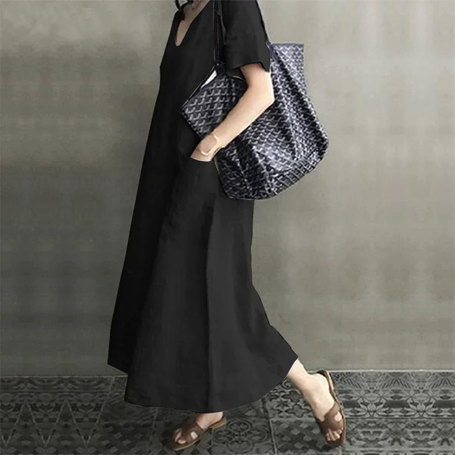 Robe Bohème d'Été Style Créatif Style Chinois Rétro pour Femmes en Coton et Lin à Col en V Lâche Coupe Trapèze
