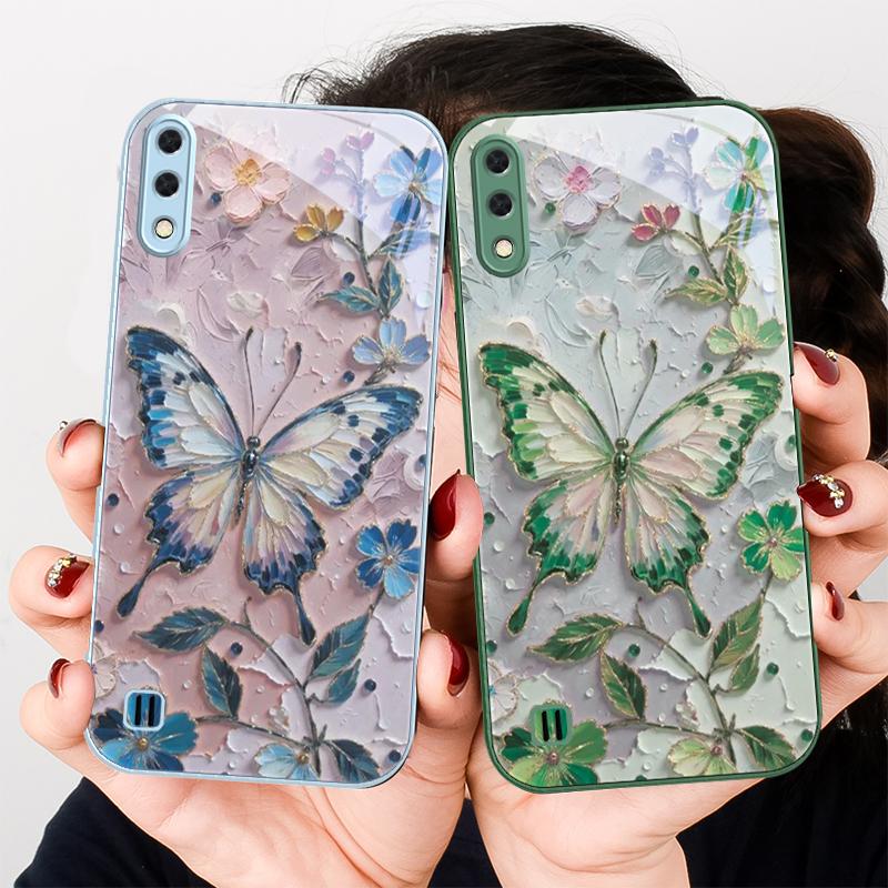Elegant Pink Butterfly For Samsung A01 02 A03 Core 04 05 A06 10 12 A13 14 5G 15 16 M02 12 Note 8 9 10 20 Glass Ultra Phone Case