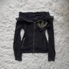 Gotycka Czaszka Haftowana Bluza Rozpinana Damska Slim Fit Y2K Streetwear Krótki Crop Top