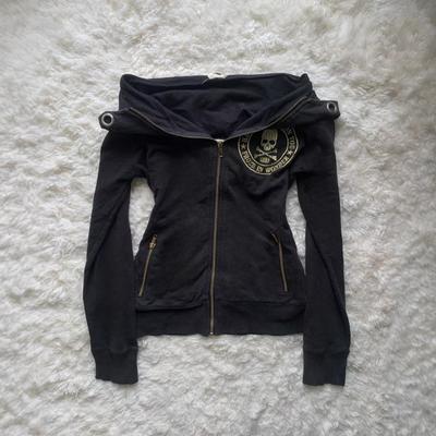 Gotischer Schädel Bestickter Reißverschluss Hoodie Damen Slim Fit Y2K Streetwear Kurzes Crop Top