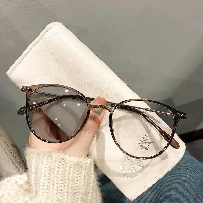 Vintage Luxury Light-sensitive Myopia Glasses Women Anti Blue Light Near Sight Glasses Round Frame Diopter Eyewear 0 To -4.0