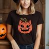 Minimalistisches Halloween-Shirt Kürbis Katzen Gesicht Geschenk-Shirt Retro Halloween Katze Kürbis T-Shirt Lustige Halloween Damen Freizeit Oberteile