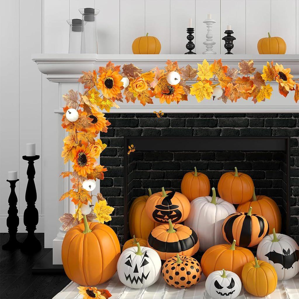 Herbst Ahornblatt Kürbis Girlande mit Beeren, 2M/6.5FT Künstliche Herbstlaub Hänge-Ranke für Zuhause, Thanksgiving, Halloween