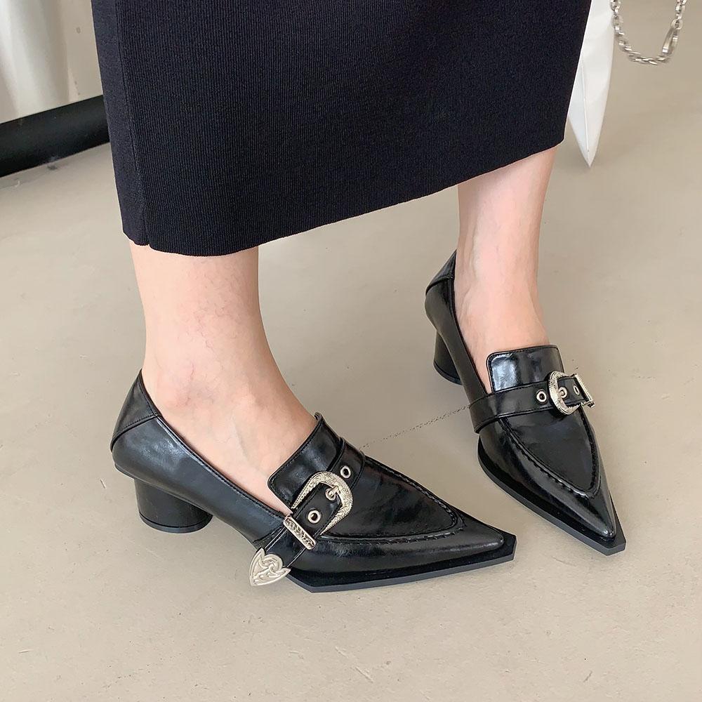 Fashion Fashion Women Pumps Shallow Slip On Belt Buckle Black White Brown Office Pumps Round Mid Heels Dress Shoes Woman Size 35-39