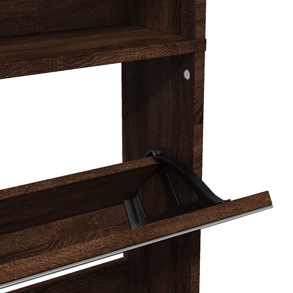 Shoe Cabinet with Mirror 4 Flip Down Compartments Brown Oak Effect 63 X 17 X 134 Cm