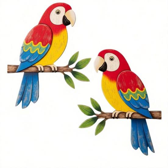 2 Pcs Wooden Parrot Wall Art Tropical Parrot On Tree Branch Wall Decor Lifelike Bird Hanging Sculpture for Home Bedroom Kid's Room