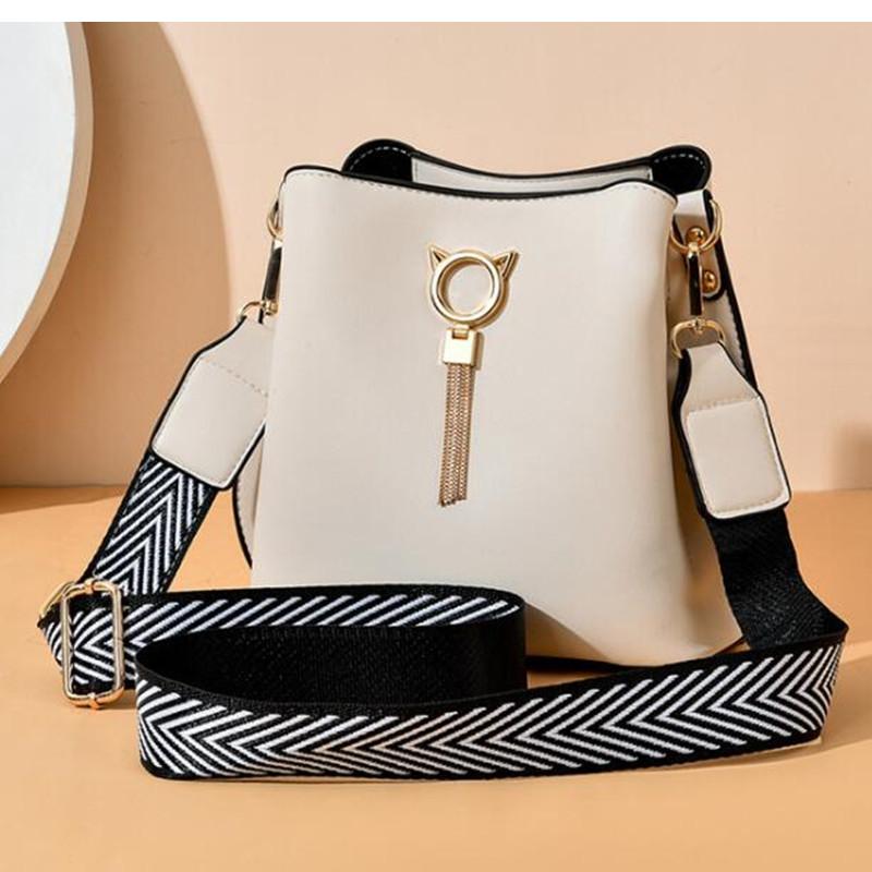 Quality Wide Strap Feminine Leather Bucket Bag Fashion Designer Ladies Shoulder Crossbody Bags