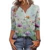Women's Fashionable Casual Retro Floral Print V,Neck Button,Down Three,Quarter Sleeve T,Shirt Top