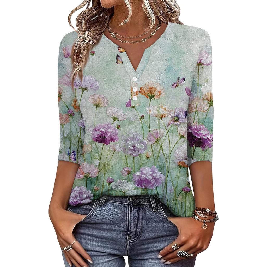 Women's Fashionable Casual Retro Floral Print V,Neck Button,Down Three,Quarter Sleeve T,Shirt Top