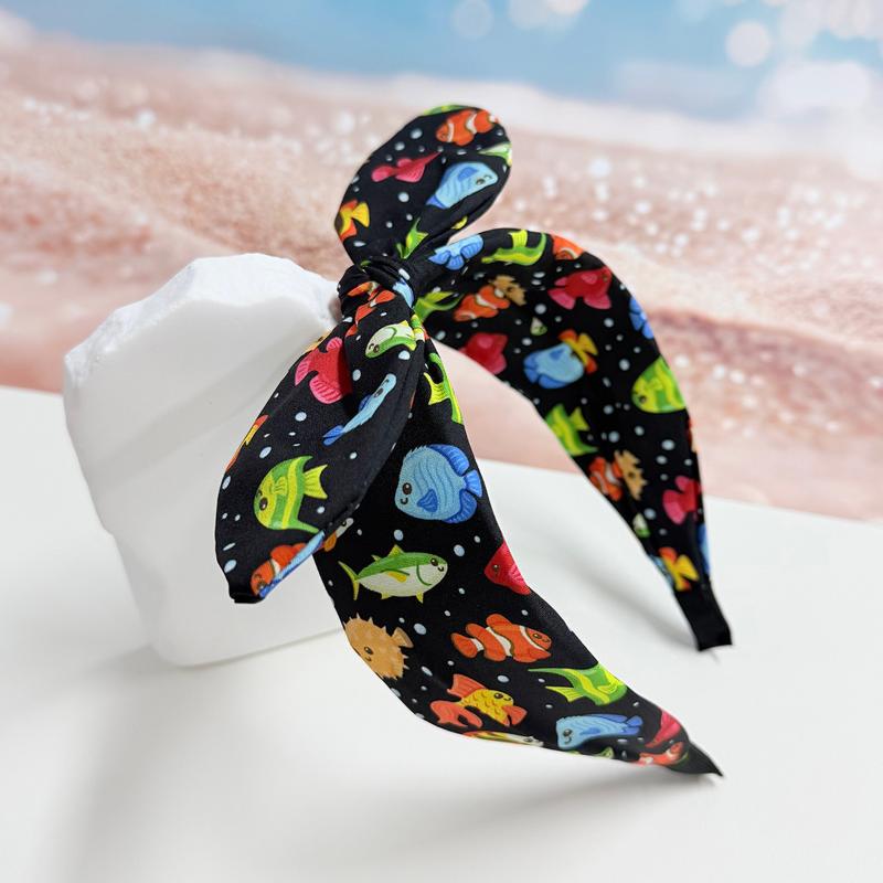 Ocean Fish Print Knotted Headband Cute Bow Hairband Non Slip Wide Hair Hoop For Women Summer Beach