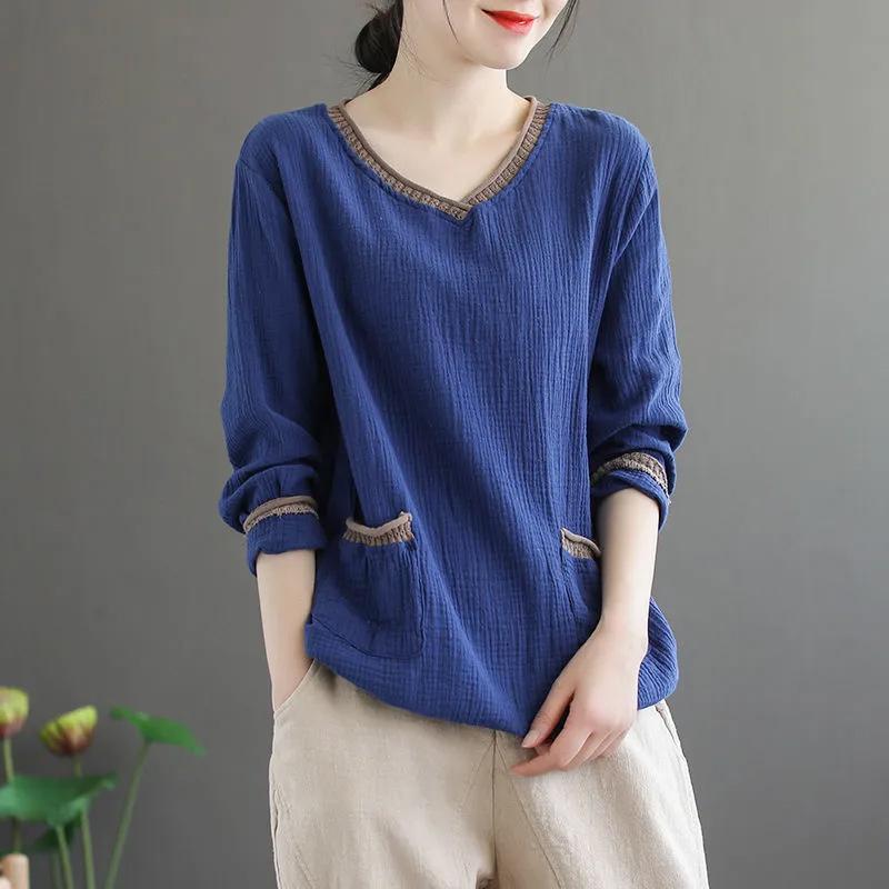 Women's Large Size Long Sleeve V-neck Casual Long Sleeve Loose Retro Ethnic Long Sleeve