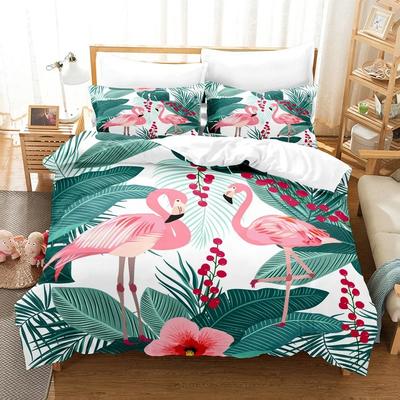 Copripiumino Flamingo Matrimoniale/Queen Size Verde Foglie Tropicali Decorazione Set Biancheria da Letto Palma Fiore Morbido 2/3 Pezzi Poliestere Coperta Trapuntata