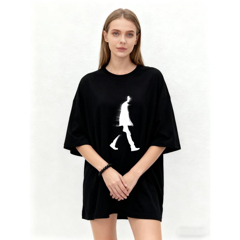 Übergroßes T-Shirt Schwarz Gehsilhouette Druck Lässig Streetwear Mode Oberteil für Frauen