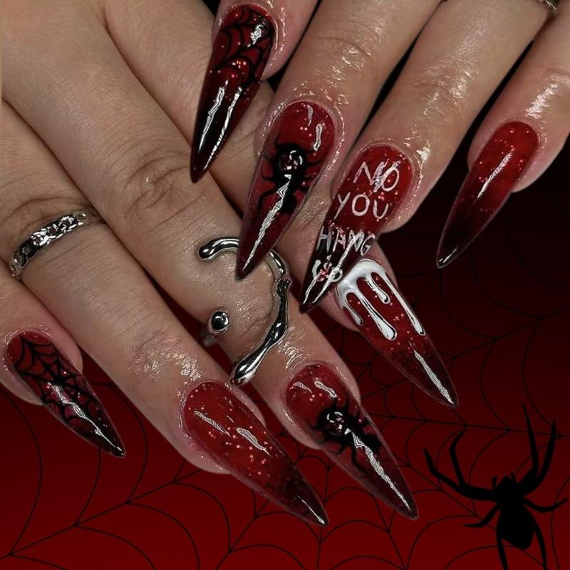 Halloween Press on Nail French Tips Fake Nail Acrylic Nail Almond False Nail Glues on Nail Stick on Nail for Women