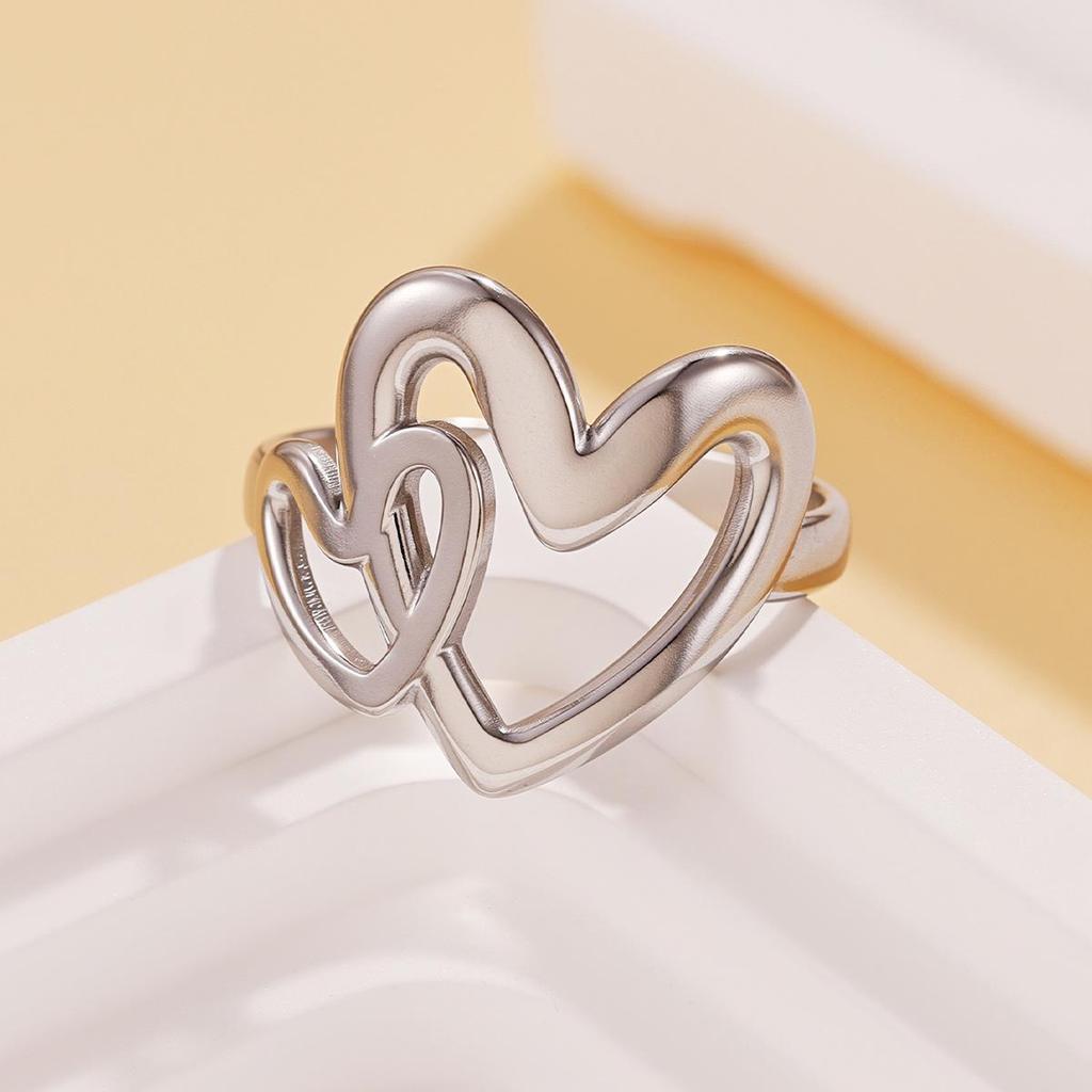 European & American Women's Stainless Steel Double Heart Geometric Open Ring
