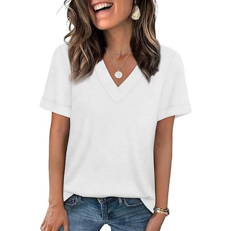 TIFICY Women's Fashion Casual Summer Spring Solid Color Print Short Sleeve V-Neck Blouses & Shirts