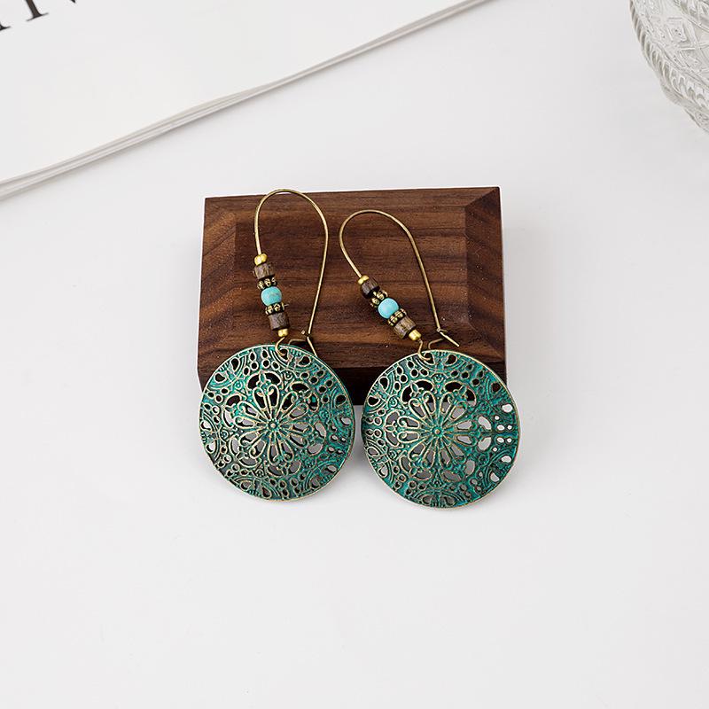 Turquoise Bohemian Owl & Palm Bronze Carved Dreamcatcher Earrings for Women
