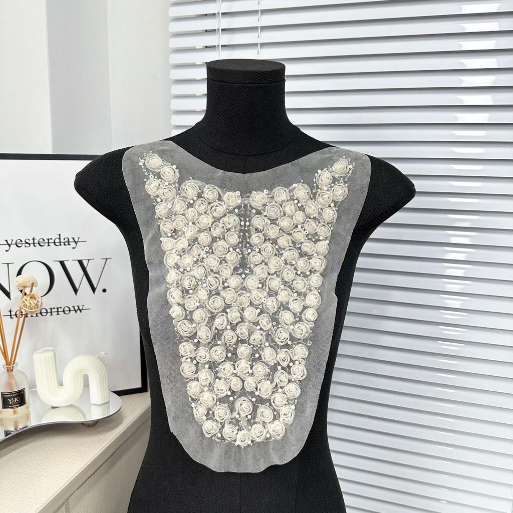 Rétro Européen Abricot Maille Portant Perles Fleur Trois Dimensions Col Rond Faux Col Vêtements pour Femmes Col Avant Dentelle Accessoires
