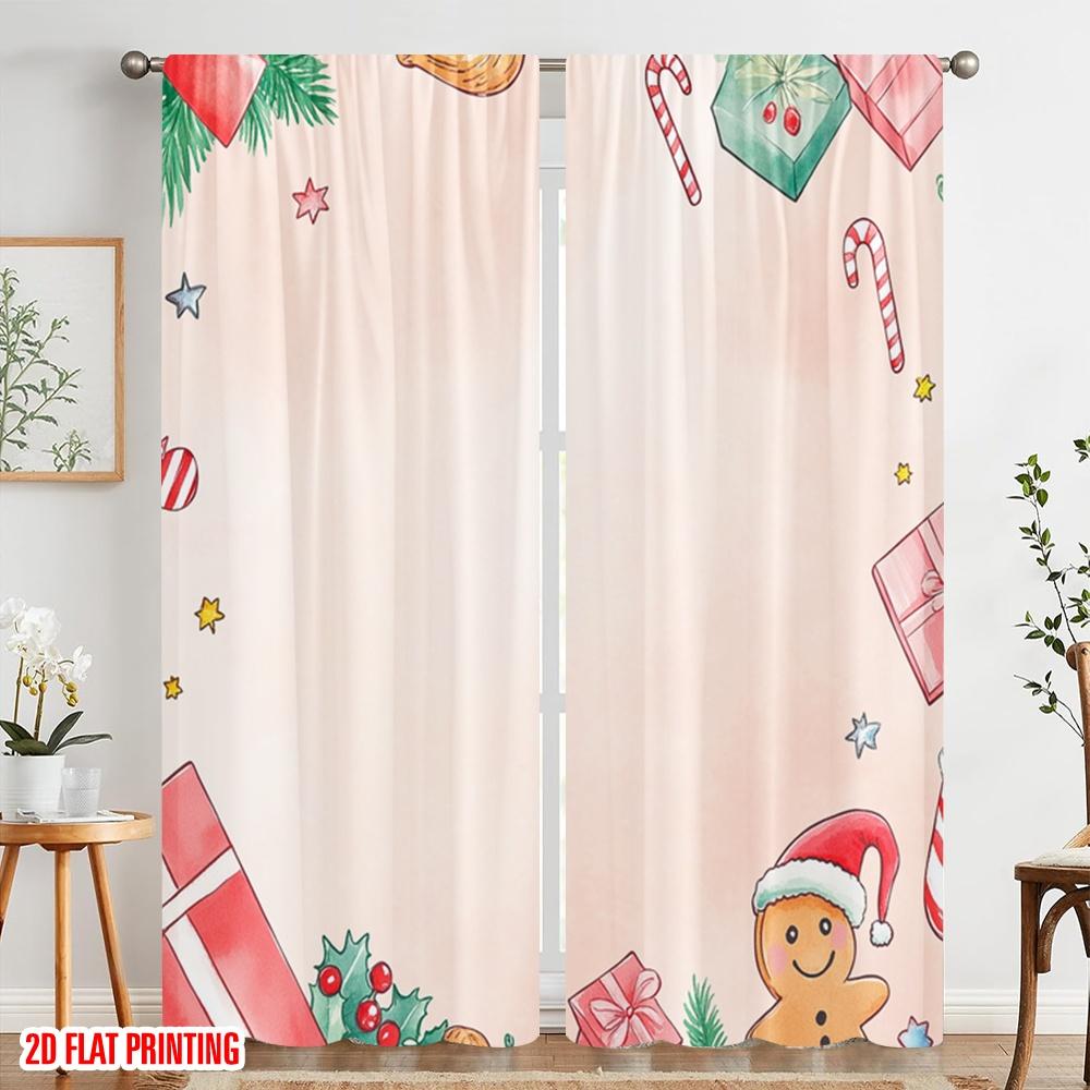 Set Of 2 Plane Printing Curtains Christmas Bell Presents Stocking Polyester Easy Install Without Rod Decorations Minimalist Made
