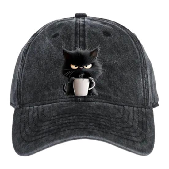 Cat Pattern Baseball Hat Adjustable Sunshade Curved Brim Sun Hat Unisex Hip Hop Casual Style Washed Coffee Cap