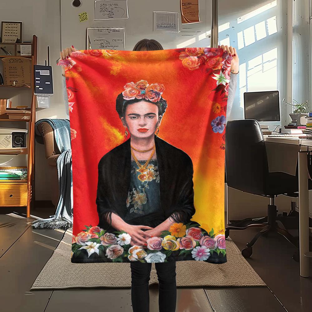 1Pc Frida Kahlo Print Flannel Blanket, High quality Comfortable for All Seasons, Home Decor, Warmth and Comfort, Perfect for Christmas Gifts