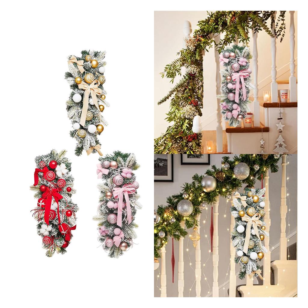 Handmade Artificial Christmas Stair Swag with Bowknots and Balls Light Up Wreath for Front Door Home Outdoor Garden Decoration