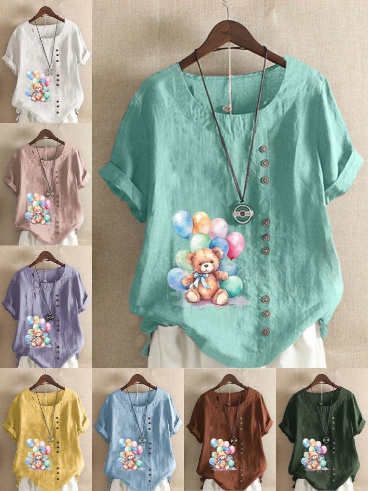 Women's Fashion Bear Print Round Neck Short Sleeve T-shirt Summer Casual Cotton Linen Graphic Shirt Leisure Loose Blouse Tops