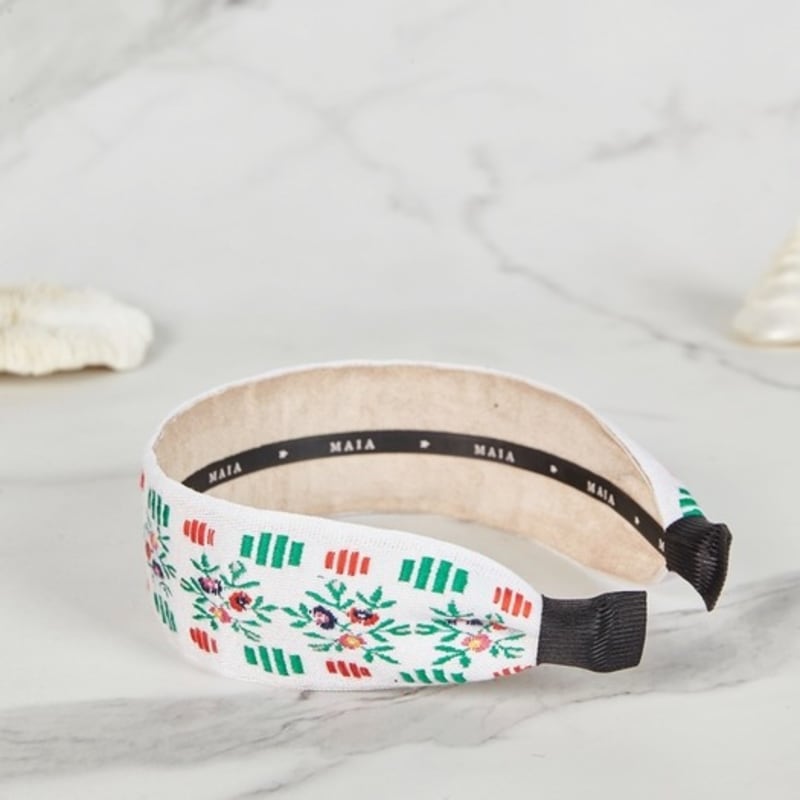 Maia Garden Jacquard Hairband - Plain White Green