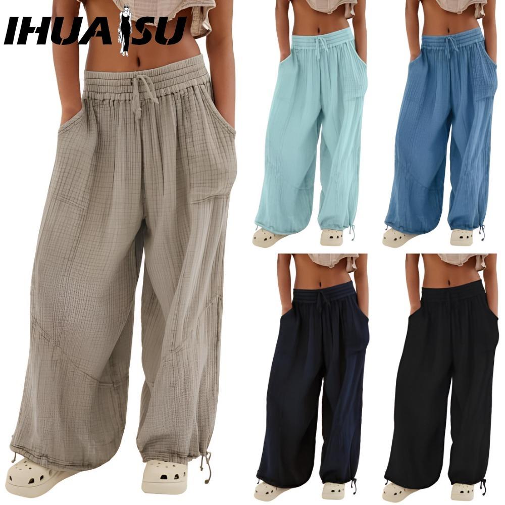 IHUASU Pantalon 8 Couleurs Taille Haute Élastique Femme Jambe Large Ample Profond Gilet Plissé Cheville Poches Couleur Unie Doux Dames Pantalon Décontracté