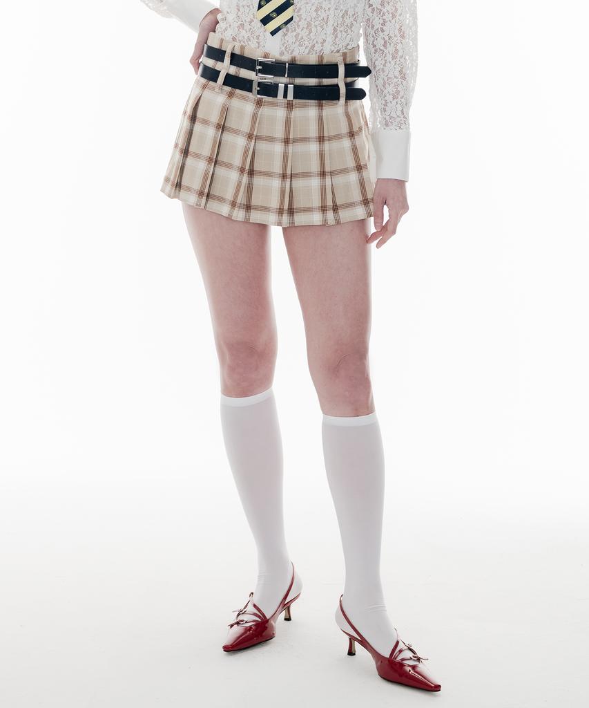High School Disco Double Strap Pleated Skirt_Beige