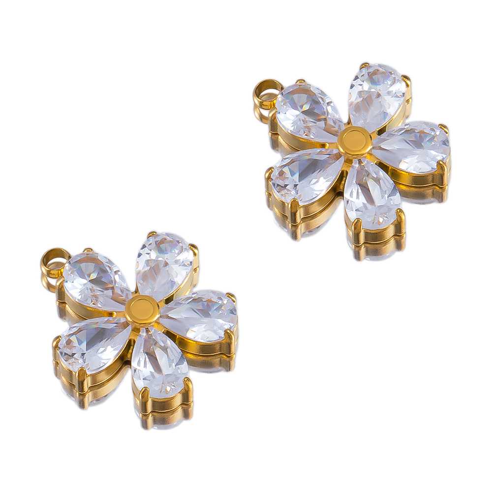 2pcs Gentle Pink Crystal Zircon Bead Stainless Steel Charms Rose Flower Heart Necklace Pendant Women DIY Earring Jewelry Making
