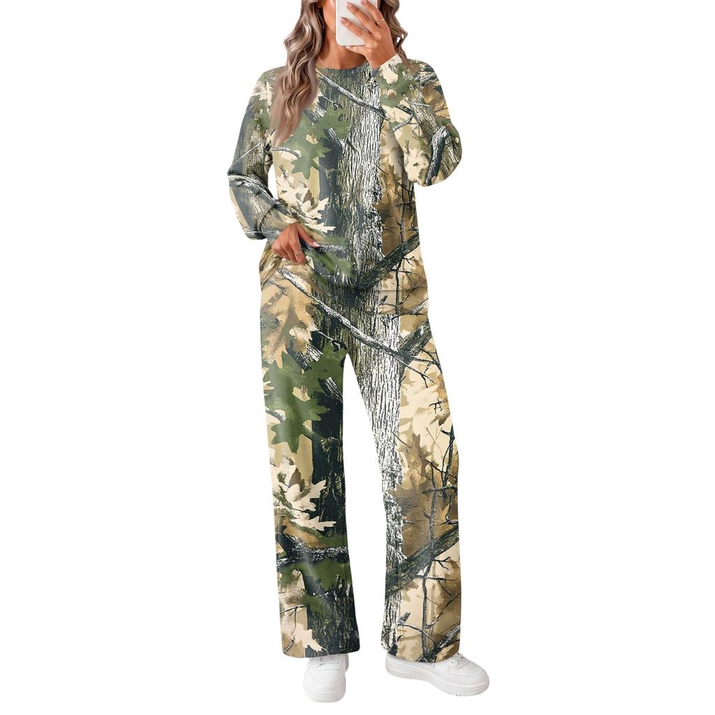 Women's Casual Round Neck Loose Fit Printed Sweatshirt and Sweatpants Set
