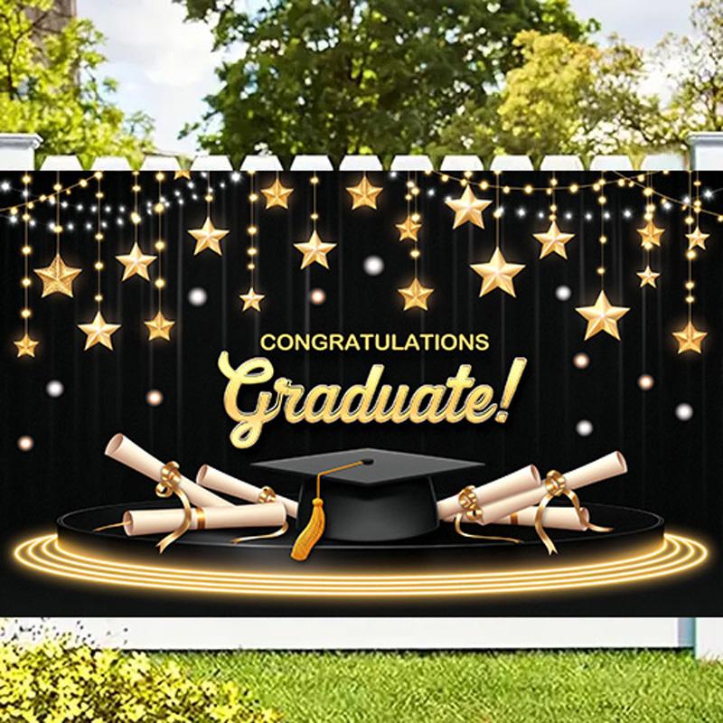 Graduation Party Banner with Graduation Cap&Diploma&Star Design,Backdrop for Home Garden Celebrations,Graduation Party Decor