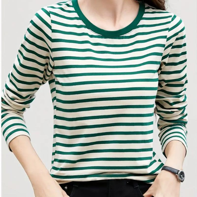 Tops For Women White Spaced Stripes Print Round Neck Long Sleeve T-shirt Fall Casual Slim Pullover Women's Long Sleeve Top