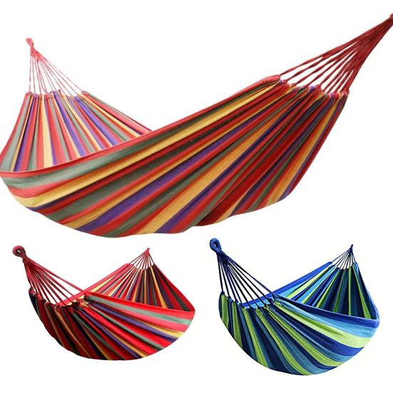 Outdoor Canvas Hammock with Carry Bag Strap Portable Heavy Duty Single Double Person Camping Garden Patio Balcony Porch Backyard Colorful Stripe