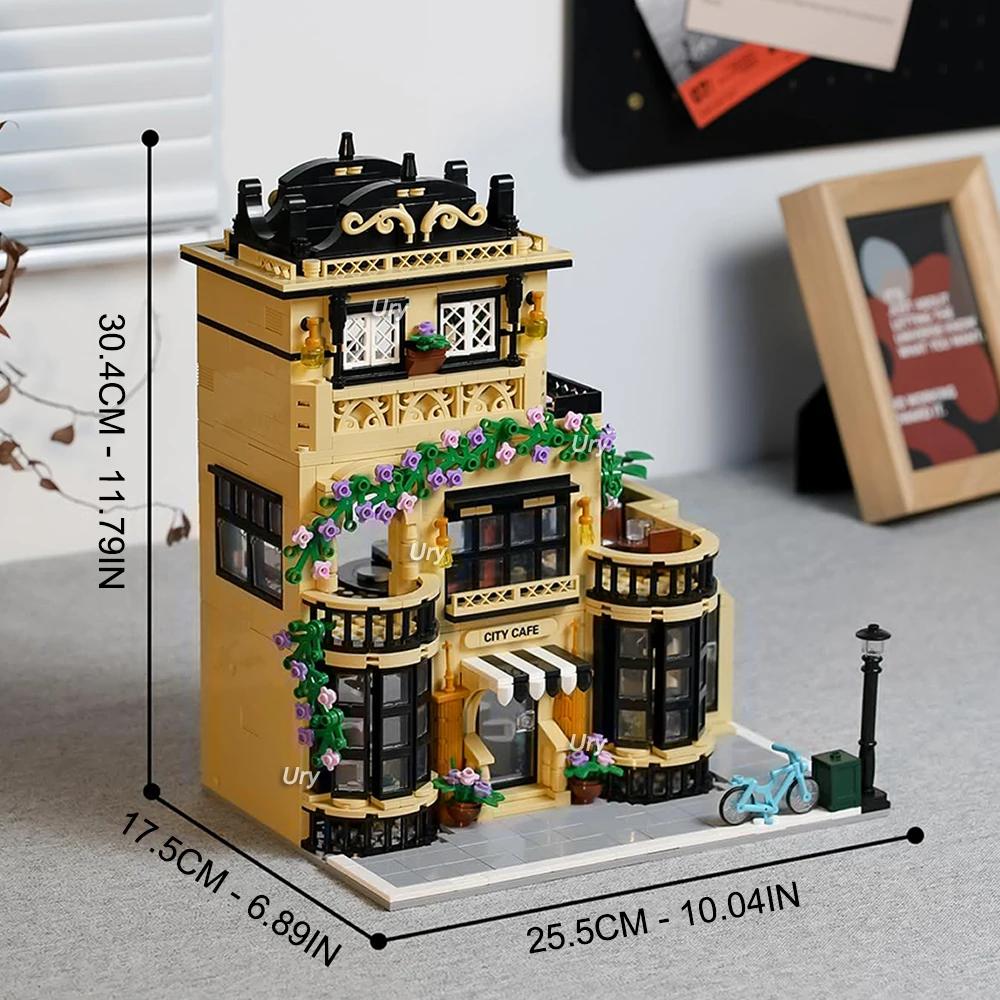 Street View Modular Coffee Restaurant Retro Flower House with Architecture Building Block Sets Toys for Kids