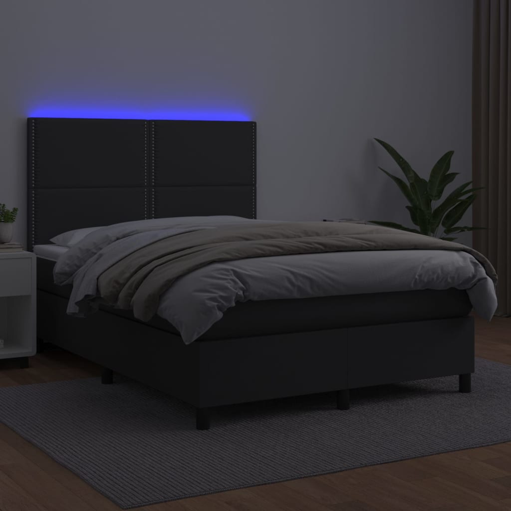 Box Spring Bed with Mattress & LED Black 140 X 190 Cm Faux Leather