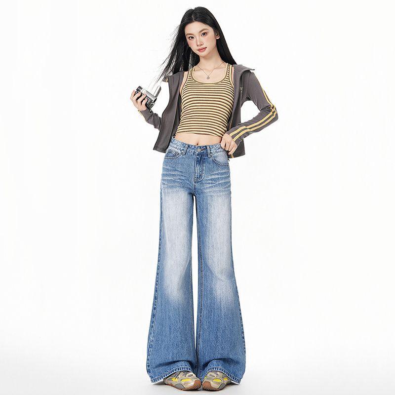 Vroege Lente Vintage Hoge Taille Y2K Relaxte Val Bodem Wijd Uitlopende Denim Broek Voor Vrouwen Casual Broek Oversized Denim Broek