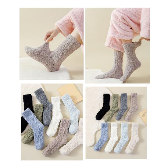 1 Paire Chaussettes de Sommeil Femme Tissu Épais Chaud Velours Corail Couleur Unie Chaussettes Automne Hiver Vêtement Quotidien
