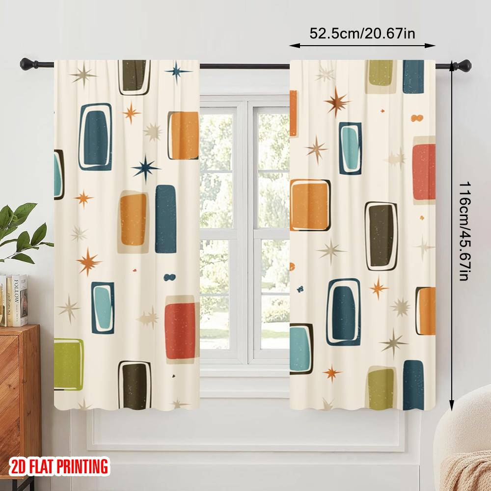 2pcs,2D Plane Printing Minimalist Curtains Retro Squares Polyester (without Rod) Gifts Ldeal for Bedroom Office Kitchen Living