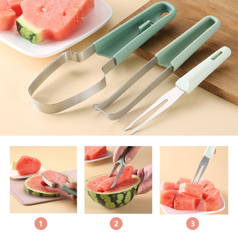 Edelstahl 3-in-1 Wassermelonen Schneider Slicer Werkzeug Wassermelone Gabel Eis am Stiel Wassermelonenmesser Obstschneider Küchenhelfer