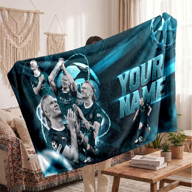 Erling Haaland Personalisierte Fleecedecke Mit Fußballlogo, Individueller Name Text Weich Warm Wohnzimmer Überwurfdecke