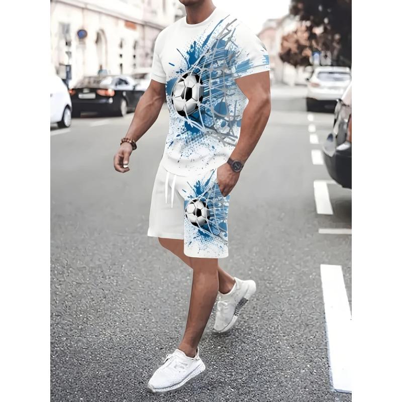 Summer Men's Short-sleeved Football Shooting Printed Short-sleeved Top Shorts Casual Two-piece Outdoor Sports Football