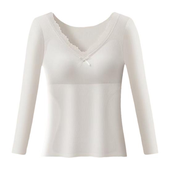 Women Bottoming Tops V-Neck Lace Trim Long Sleeve Slim Fit Thermal Tops Solid Color Padded Inner Layer Winter Shirt