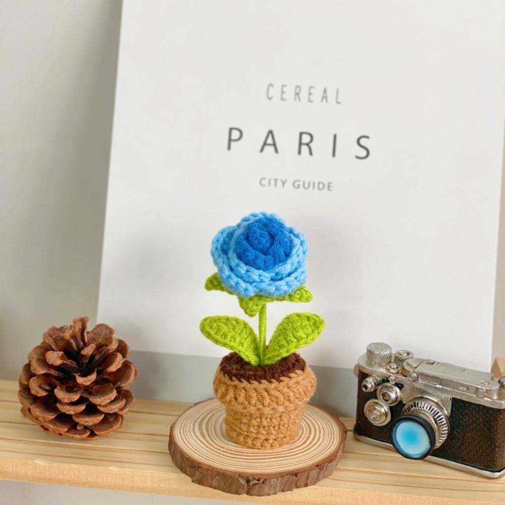 Mini Knitting Flowers Potted Rose Sunflower Knitted Eternal Flower Desktop Ornament Office Decor