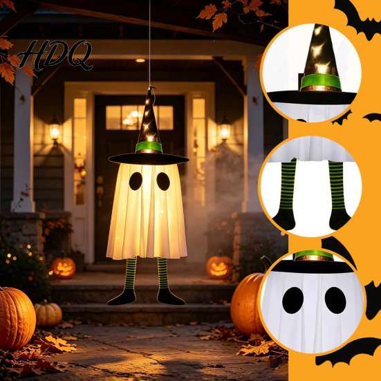 Spooky Atmosphere Entryway Accents Halloween Hanging Ghost Decoration with Witch Hat And Leg, LED Lighted Eco Friendly Ornaments Floating for