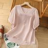 Cotton Linen Flower Embroidery Shirt Women Short Sleeves V Neck Casual Blouses Loose Solid Color Mother T-shirt Women Top