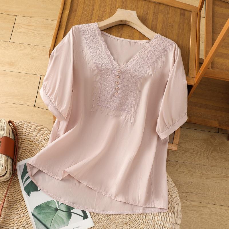 Cotton Linen Flower Embroidery Shirt Women Short Sleeves V Neck Casual Blouses Loose Solid Color Mother T-shirt Women Top